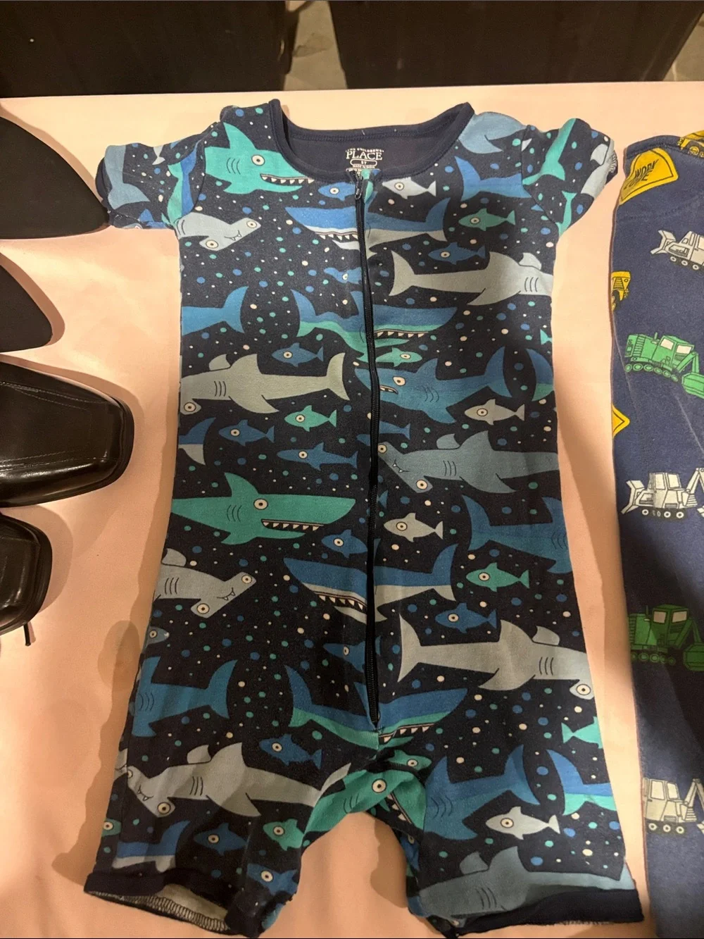 The Children's Place Navy Construction & Teal Shark Pajama Rompers